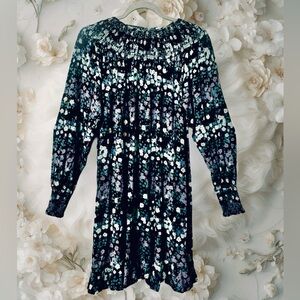 LOFT Black Floral Smocked-Yoke Long-Sleeve Dress size Medium